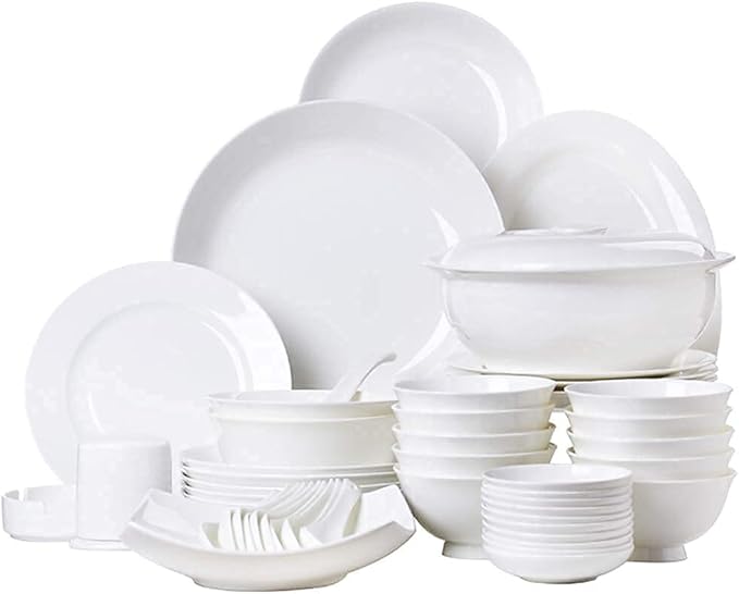 Ceramics Dinner Sets, Plates/Bowls/Soup Pot | 56 Pieces Dinnerware Set White, Microwave Tableware Safe - for Family Party Kitchen Restaurant