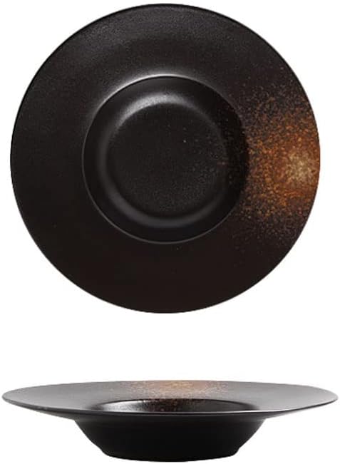 Modern Large Dinner Plates Fruit Snack Bowl 10-inch Steak Ramen Plate Ceramic Serving Plate Suitable for Home Kitchen Restaurant Black Stackable Dinner Plates(A)