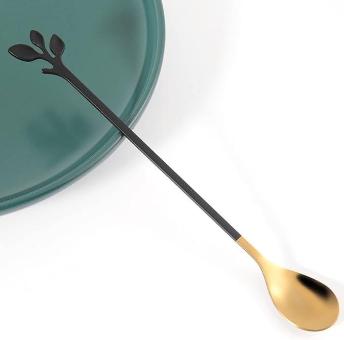AnSaw 6-Piece Elegant Black & Gold Leaf Long Handle Teaspoons - 7.4" Stainless Steel Stir Spoons for Coffee & Tea, Perfect for Mixing & Stirring