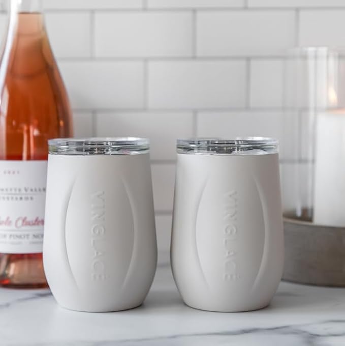 Vinglacé Wine Bottle Chiller Gift Set- Portable Stainless Steel Wine Cooler with 2 Stemless Wine Glasses, Stone