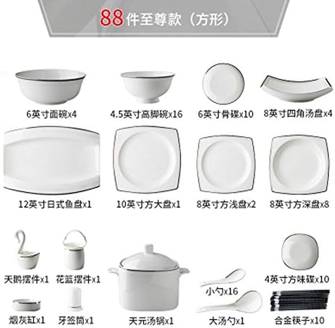 Ceramic Tableware Set, Bone Meal 45% Porcelain, Microwave Safe Tableware, White Translucent Ceramic, 56-Piece Household Tableware Set,88Piece of Package