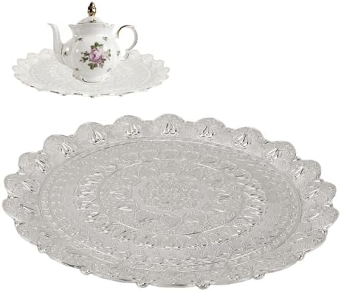 Jeanoko 1PCS 13.8" Serving Trays, Silver Metal Turkish Tea Coffee Serving Tray, Round Coffee Plate for Bar Outdoor Dresser Dessert
