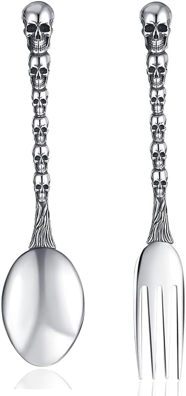 Skull Motif Serving Spoon Fork Set, Premium Stainless Steel Fork Spoon Silverware Set, Unique styles 3D Skulls, Dishwasher Safe, for Home, Kitchen, or Halloween Decorations
