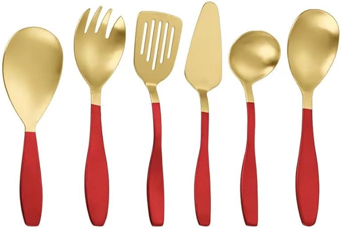Silverware Set, 6/24/36/48/60/72pcs Kitchenware 5-piece Set Serving Spoon Salad Stainless Steel Spatula, Home Cutlery Flatware Set(Red,48 Pieces for 8)