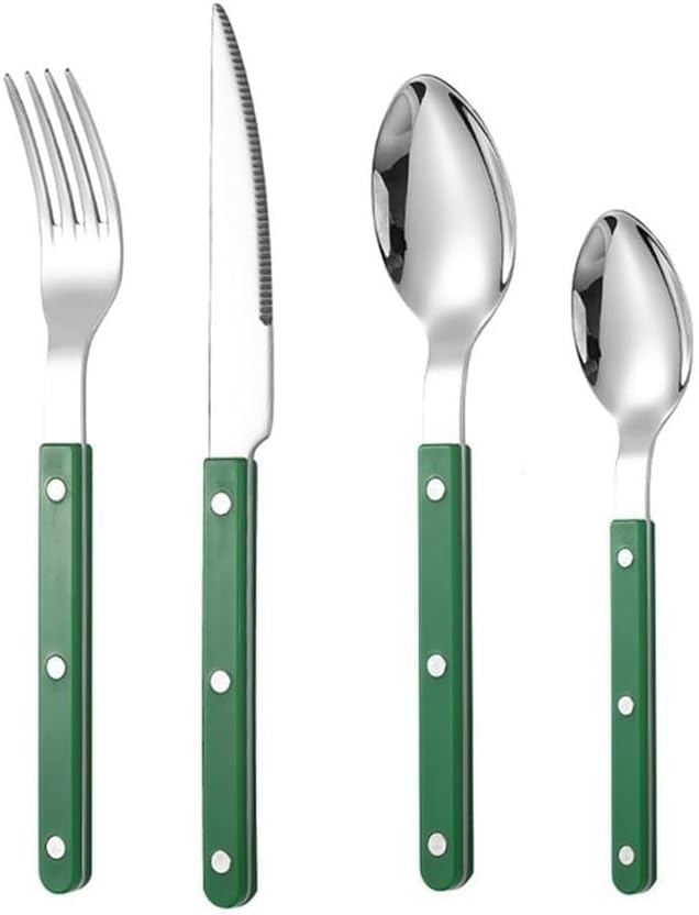 Rivet ABS Clamp Handle Kitchen Stainless Steel Silverware Tableware Flatware Cutlery Set Steak Knife Fork Spoon Teaspoon Western Tableware Butter Knife Set (Green,4 pieces)