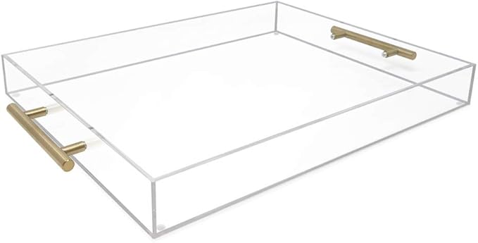Isaac Jacobs Clear Acrylic Serving Tray (14x18) with Gold Metal Handles, Spill-Proof, Stackable Organizer, Food & Drinks Server, Indoors/Outdoors, Lucite Storage Décor (14x18, Clear with Gold Handle)
