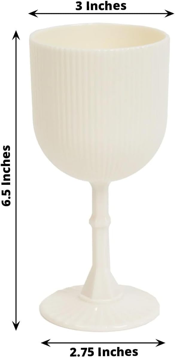 TCF Linen 12 Pack White Plastic Wine Goblets, 9oz Ribbed Reusable Shatterproof Drinkware for Weddings Parties Catering Cocktails and Desserts Cups