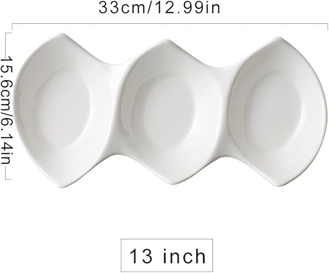Ceramic cutlery salad bowl 19 Oz Sauce Dish White Ceramic 3 Compartment Divided Appetizer Plates Soy Sauce Dipping Dishes Ketchup Vinegar Appetizer or Snack Dessert Condi,White-12.99×6.14×1.89in
