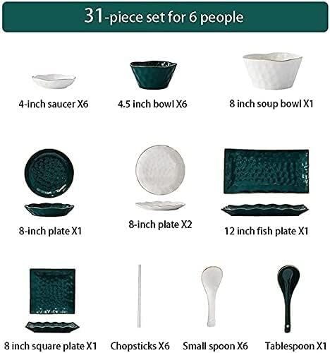 Dinnerware Set Dinner Party Tableware Service Set Nordic Minimalist Style Plate and Bowl Sets, Green and White Mixed Ceramic Dishware Sets, Irregular Underglaze Kitchen Plate Set