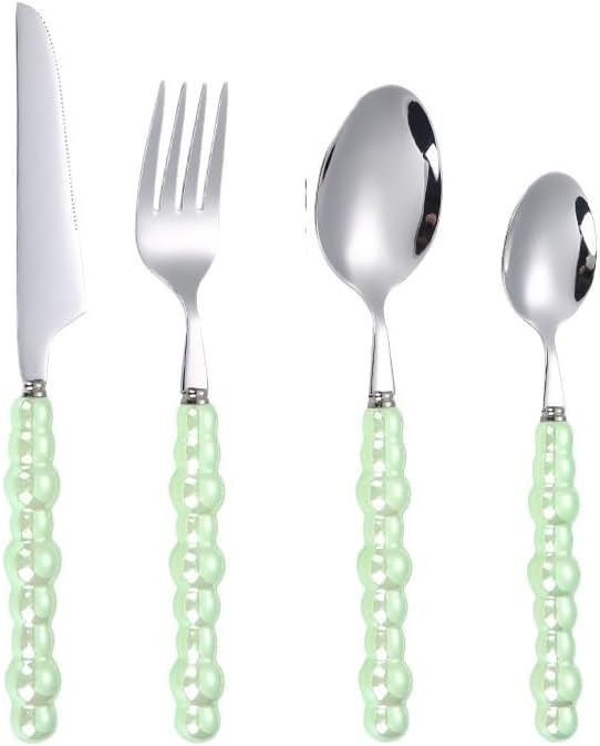 Silverware Flatware Cutlery Set, 4/16/24/32 Pieces 304 Stainless Steel Knives, Forks And Spoons, Creative Pearl Ceramic Handle Tableware, Steak Knives, Forks, Dessert Spoons(Green,8Set-32Pcs