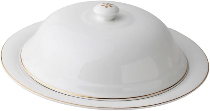 Mobestech Gold Trimmed Ceramic Plate with Lid for Western-style Cuisine Steak Serving Tray Food Storage Dishwasher Safe for Entertaining and Meal Prep