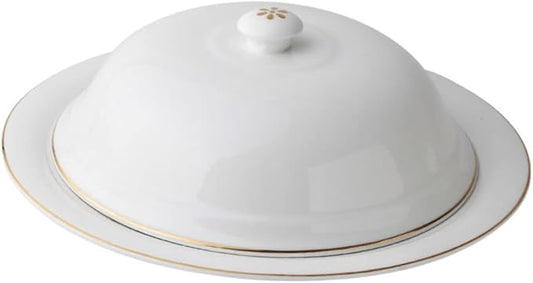 Mobestech Gold Trimmed Ceramic Plate with Lid for Western-style Cuisine Steak Serving Tray Food Storage Dishwasher Safe for Entertaining and Meal Prep