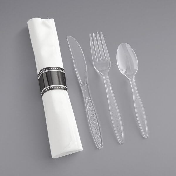 Pre-Rolled Linen-Feel Napkin with Clear Heavy Weight Plastic Cutlery Set, 17 x 17 Inch White Napkins, 100 Count Case for Catering Events