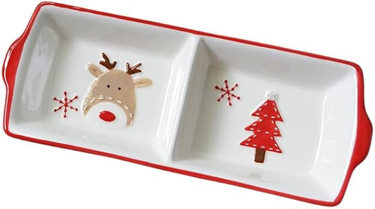Christmas Ceramic Appetizer Plates for Tapas, Salad, Appetizer, Dishwasher Safe, Microwave Safe, Freezer Safe (Two grid plate 28 * 10.8 * 4cm)