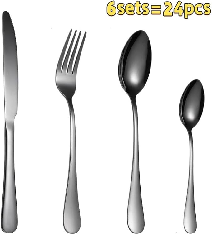 Stainless Steel Cutlery Set Silverware Collection-Polished Flatware Sets Kitchen Cutlery Utensil Knife Fork Spoon Dishwasher Safe for Home, Restaurant, Wedding, Party (ALL) (24 Pieces)