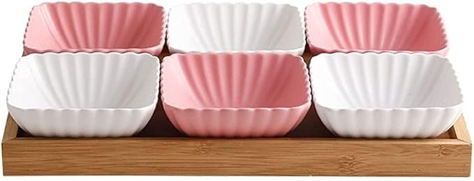 Sauce Dish 6 Compartment Divided Ceramic Sauce Dish Dipping Bowls Fruit Dessert Small Dish Appetizer Plates for Soy Sauce Vinegar Sushi Kethup BBQ Sauces(with Tray) Dipping Bowls (D)