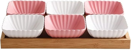 Sauce Dish 6 Compartment Divided Ceramic Sauce Dish Dipping Bowls Fruit Dessert Small Dish Appetizer Plates for Soy Sauce Vinegar Sushi Kethup BBQ Sauces(with Tray) Dipping Bowls (D)