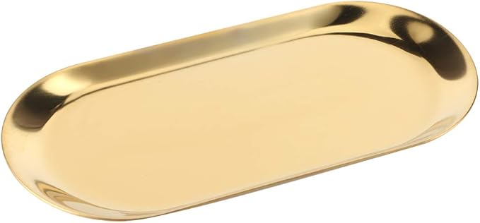 7in Stainless Steel Decorative Tray, Set of 5 Makeup Jewelry Dish Cosmetics Organizer MakeupBathroom Clutter Serving Platter Storage Tray, Oval (Golden)