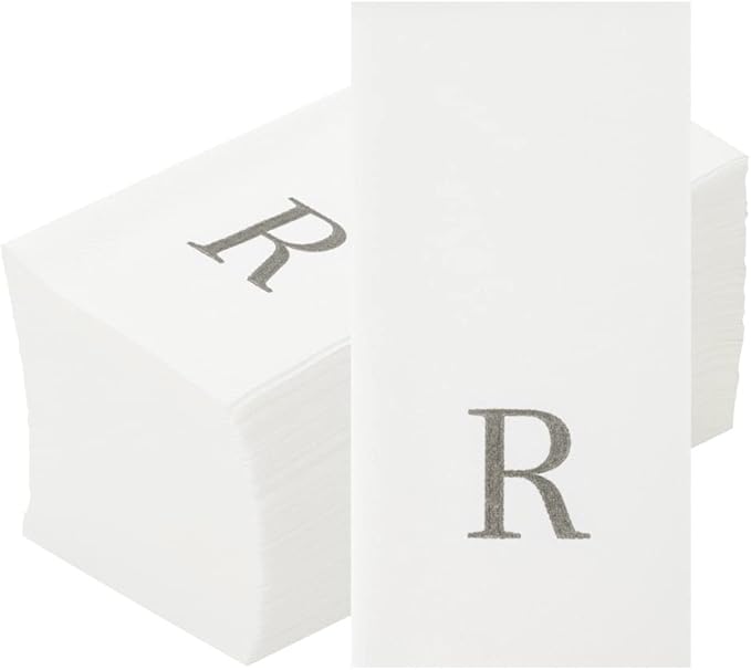 Luxenap 15.8 X 7.9 Inch Linen-Feel Guest Towels, 50 Lettered Hand Towels - Silver Letter 'R', Sans Serif Font, White Paper Dinner Napkins, airlaid, For Restrooms And Tables - Restaurantware