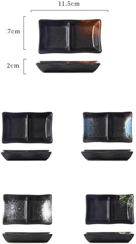 Appetizer Plates Double-grid Ceramic Soy Sauce Plate Barbecue Seasoning Dipping Dish Divide Sushi Meals Dishes for Condiment(Black)
