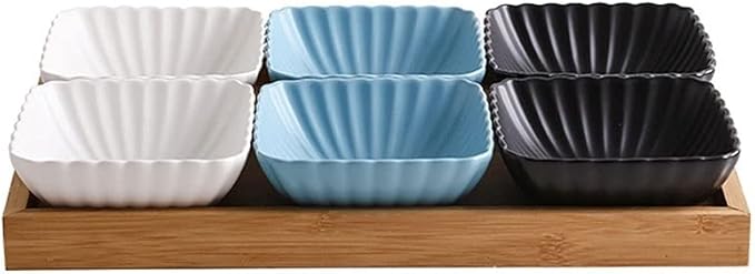 Sauce Dish 6 Compartment Divided Ceramic Sauce Dish Dipping Bowls Fruit Dessert Small Dish Appetizer Plates for Soy Sauce Vinegar Sushi Kethup BBQ Sauces(with Tray) Dipping Bowls (B)
