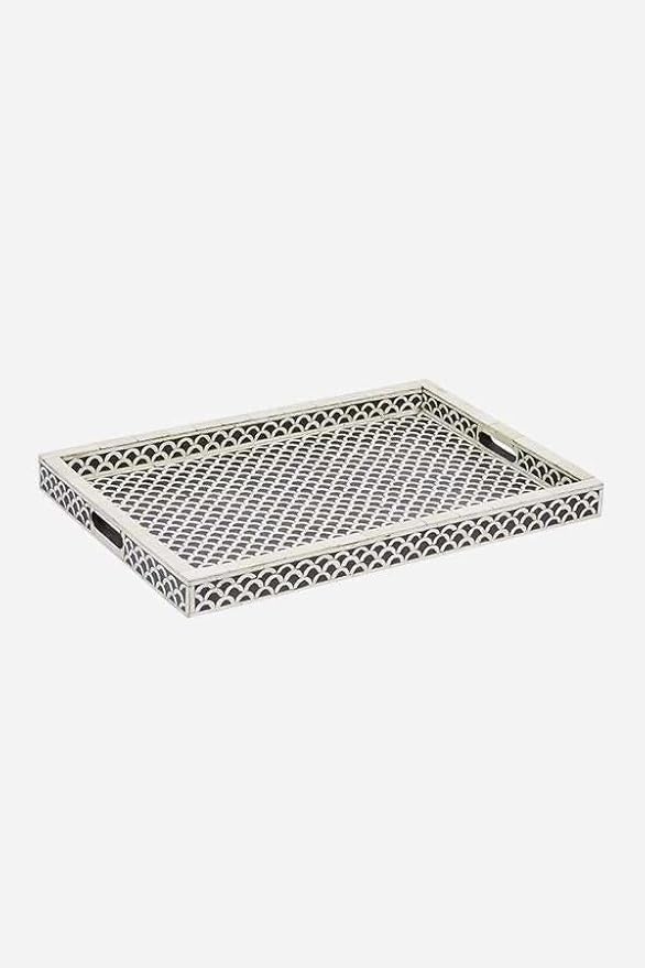 Hansa Handmade Bone Inlay Serving Tray Rectangle Tray Geometrical Pattern Decorative Platter Large Tray for Ottoman Coffee Table