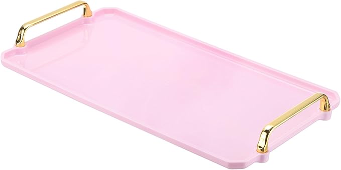 PATIKIL 16.1 x 8.7 Inches Plastic Serving Tray with Golden Handles, Reusable Tray Rectangular Party Platters for Dessert Coffee Tea Table, Living Room Kitchen Countertop, Pink