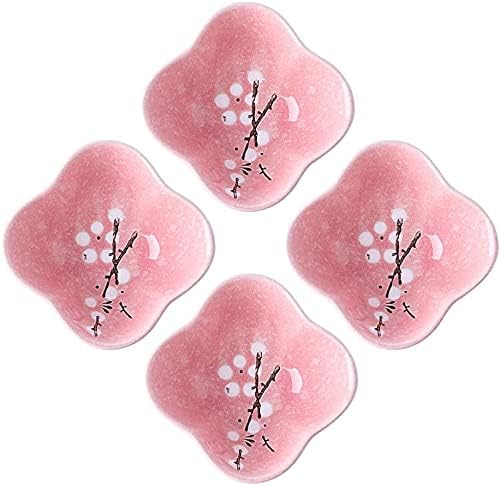 Ceramic Flower Shaped Sauce Dish Sushi Dipping Bowl Appetizer Plates Porcelain Serving Dish Seasoning Dishes,Plum blossom Set of 4 (Pink-Flower)
