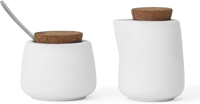 Viva Nicola White Sugar and Creamer Set – Porcelain Coffee Creamer & Sugar Bowl with Cork Lid and Spoon, 7oz / 200ml Milk & Sugar Set for Coffee Stations and Tea Serving