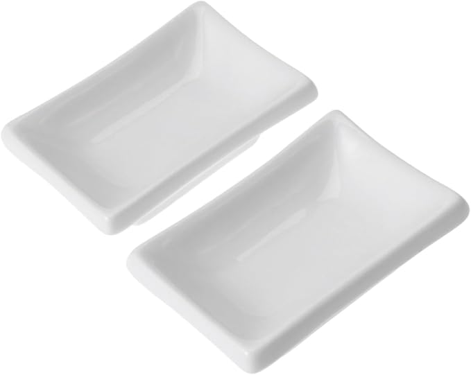 2pcs Pure White Ceramic Soy Sauce Dishes Rectangular Appetizer Serving Trays for Dipping Condiments and Dressings Stain-Resistant Snack Plates for Entertaining