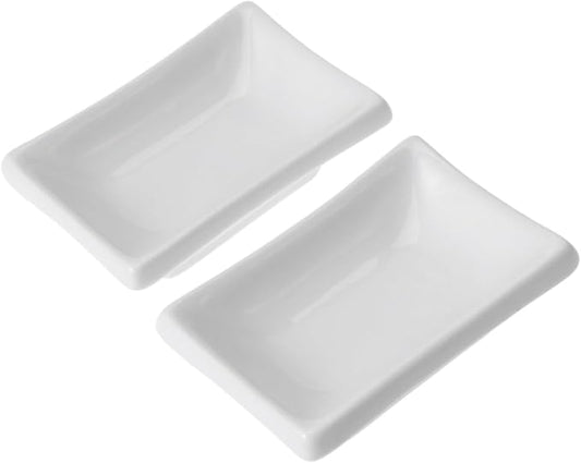 2pcs Pure White Ceramic Soy Sauce Dishes Rectangular Appetizer Serving Trays for Dipping Condiments and Dressings Stain-Resistant Snack Plates for Entertaining