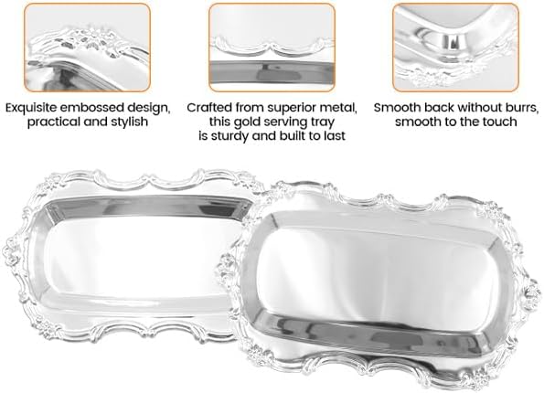 KUMGROT Small Fancy Serving Tray Tea Coffee Silver Tray Vintage Jewelry Organizer Elegant Dessert Platter Candy Table Supplies for Birthday Party Wedding Silver, 7.87"x4.84"