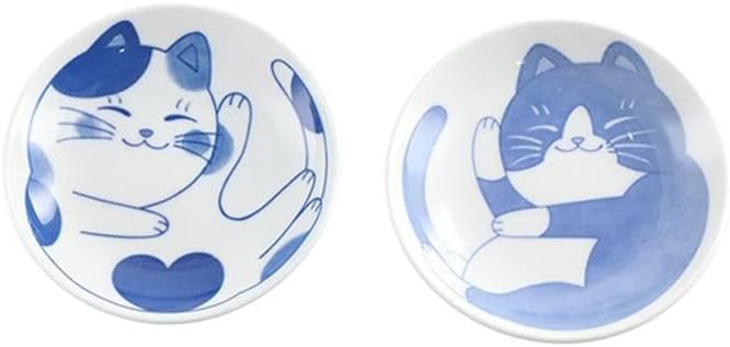 Japanese Sushi Sauce Plate Small Lucky Cat Pattern Soy Sauce Dish Mini Round Ceramic Glazed Plates for Appetizer Dessert Fruit(A)
