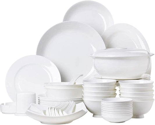 Ceramics Dinner Sets, Plates/Bowls/Soup Pot | 56 Pieces Dinnerware Set White, Microwave Tableware Safe - for Family Party Kitchen Restaurant