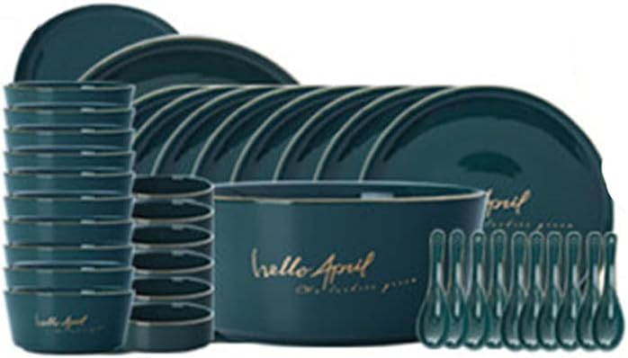 Nordic Dark Green Dinnerware Set Creative European Ceramic Tableware with Bowl Plate Service for 6，Green white-36pcs