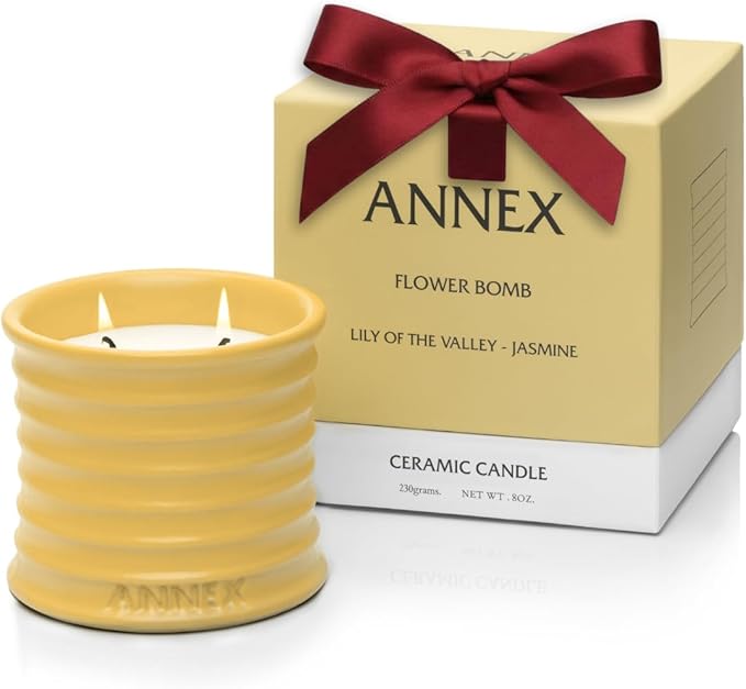 Scented Luxury Candles in Handmade Ceramic Jars, Soy Wax | Flower Bomb – Lily of The Valley & Jasmine, Large Candle | Non Toxic, 2 Wicks, Reusable Yellow Jar | Natural Spring Aromatherapy for Women