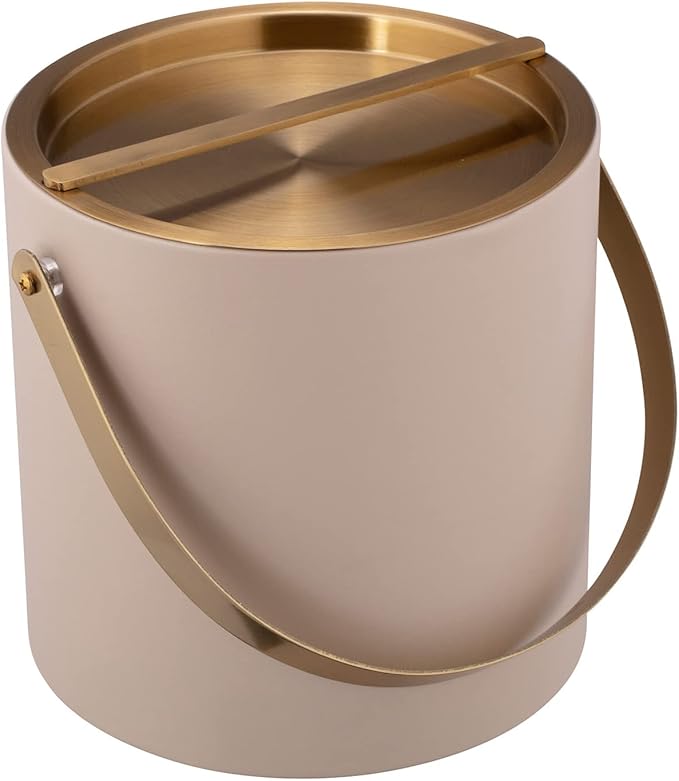 Kraftware SANTA BARBARA 3qt Ice Bucket with Brushed Gold Arch Handle & Bridge Cover: Taupe