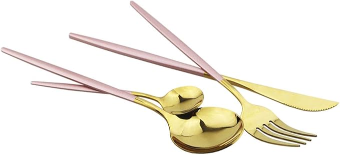 JASHII 24 Piece Titanium Pink And Golden Plated Stainless Steel Flatware Set, Pink Handle With Golden Mouth Silverware Set Pink And Gold Cutlery Set Service for 6 (Pink Handle,Shiny Golden)