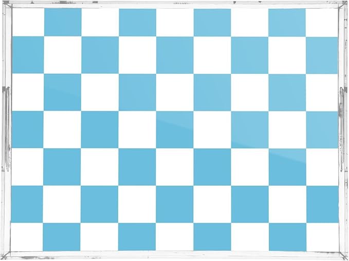 Serving Tray with Handles Clear Acrylic Tray 12x16 Inch Decorative Rectangular Tray Organizer for Ottoman Coffee Table Bathroom Checkered Blue and White