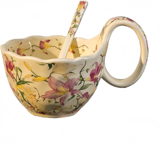 16.91oz/500ml Handpainted Soup Bowl with Handle,Ceramic Cereal Bowl Microwave &Dishwasher Safe,Loop Handle Bowl Great for Soup,Yogurt,Snack,Chip,Stew,Ice Cream,Coffee (Lily)
