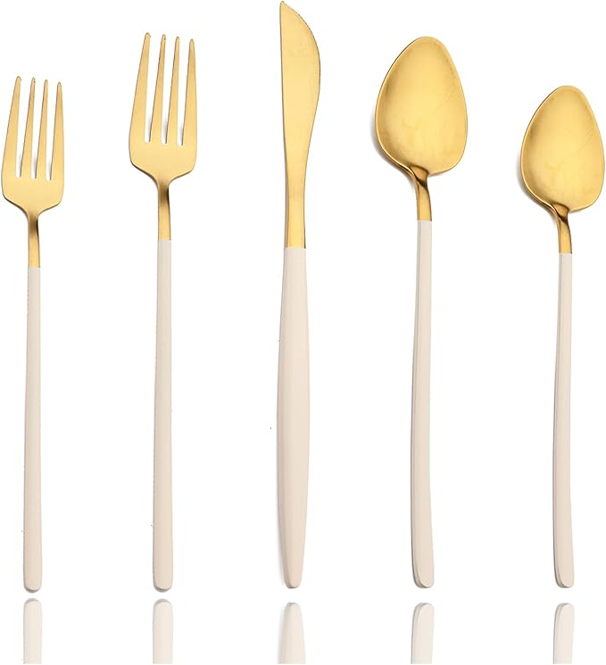 JASHII Slim Handle Silverware Set 20 Pieces, 304 Stainless Steel Colorful Flatware Set, Titanium Plating Cutlery Set, Utensil Sets for Home Dinner Service for 4, Dishwasher Safe - Beige&Gold