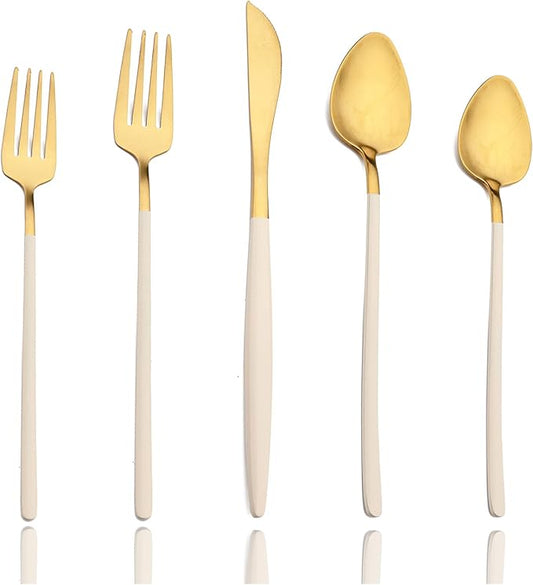 JASHII Slim Handle Silverware Set 20 Pieces, 304 Stainless Steel Colorful Flatware Set, Titanium Plating Cutlery Set, Utensil Sets for Home Dinner Service for 4, Dishwasher Safe - Beige&Gold