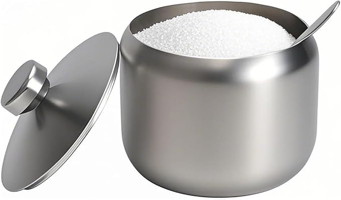 Sugar Bowl with Lid And Spoon, 14.5OZ Stainless Steel Sugar Creamer Container, 430 Milliliter Round Sugar Jar, Coffee Bar Decor, Home and Kitchen Storage, Silver
