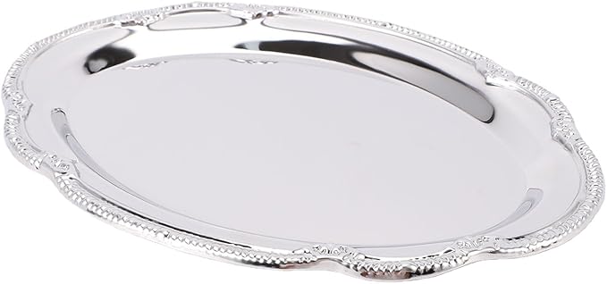 Stainless Steel Oval Platter, Silver Serving Tray, Floral Engraved Decorative Metal Plates Appetizer Platter Mirror Trays for Wedding Birthday Party Snack Fruit Cake (28CM)
