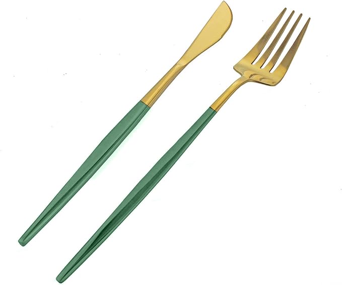 24-Piece Green Gold Korean Silverware Sets Mirror Polished Stainless Steel Modern Flatware Cutlery Set Service for 6 Including Forks Spoons Knives Kitchen(Dark Green Gold)