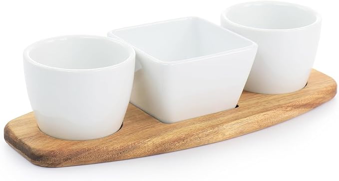 EFFETTO 3 Bowl Tidbit Set | 1 Square & 2 Round Bowls | On An Acacia Wood Tray | Ceramic | Great For Dips, Bite-Sized Sweets, and Snacks