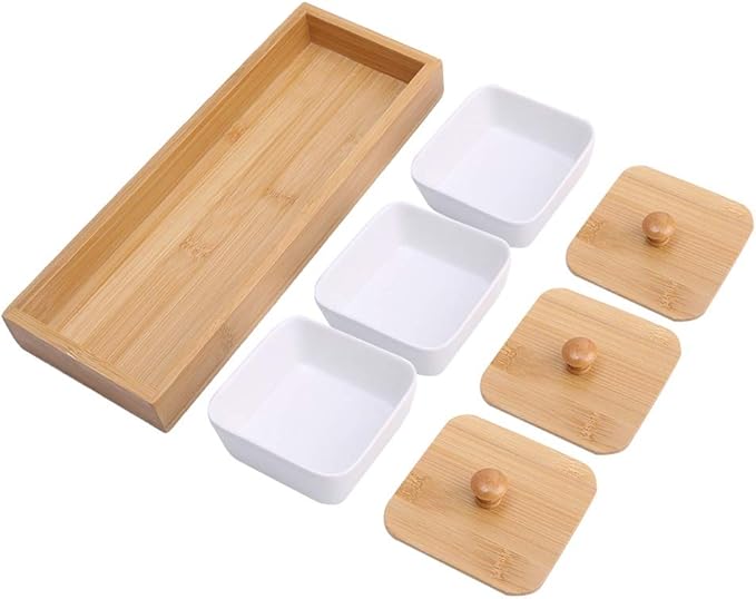 GLOGLOW Plate Dishware Ceramic Appetizer Serving Plate with Tray Cover, 3-Compartment Design, White, 11.02x4.02x1.61 Inches, for Snacks and Desserts Storage Supplies (Three compartments with lid)