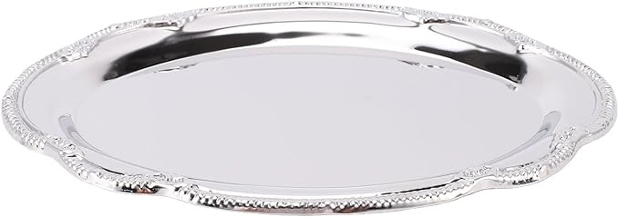 Stainless Steel Oval Platter, Silver Serving Tray, Floral Engraved Decorative Metal Plates Appetizer Platter Mirror Trays for Wedding Birthday Party Snack Fruit Cake (28CM)