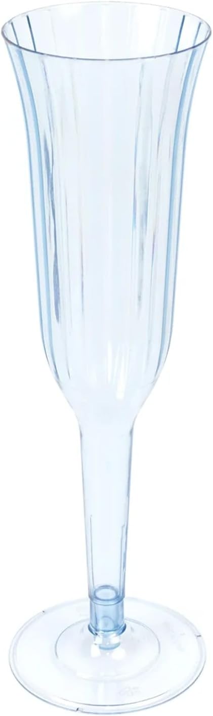 TCF Linen 12 Pack Transparent Dusty Blue Plastic Champagne Flutes, 6oz Flared Disposable Glasses Elegant Reusable Look Shatterproof Stemware for Weddings Parties Catering Toasts