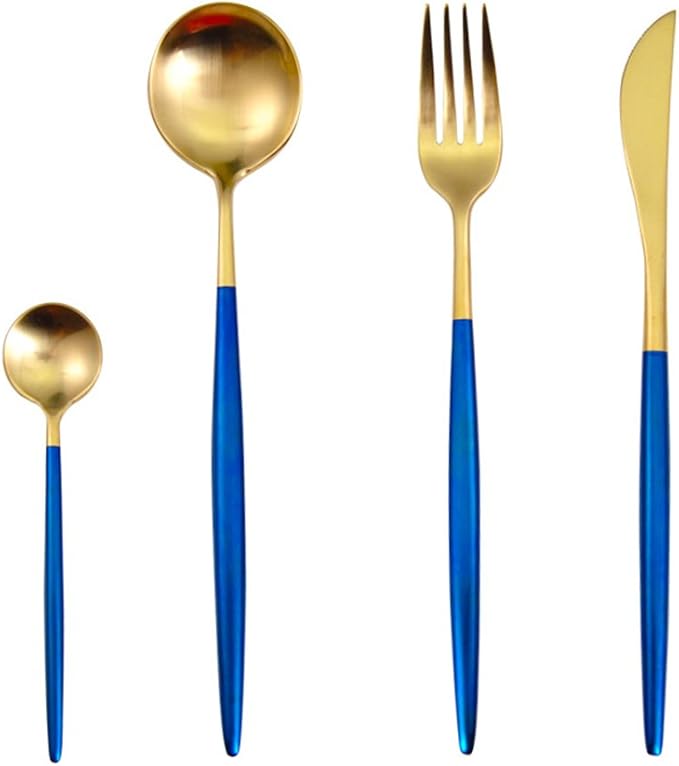 Lots 4pcs 304 Stainless Steel Tableware Dinner Spoon Fork Knife Flatware Serving Sets Spoons Forks Knives，Blue + Gold-4